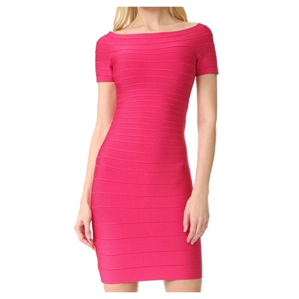 Herve Leger Carmen Bandage Dress Bright‎ Rose Off the Shoulder Bodycon Mini XS